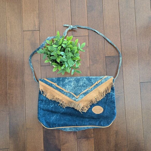 WESTERN FRINGE ACID WASHED DENIM VINTAGE PURSE - Picture 1 of 4